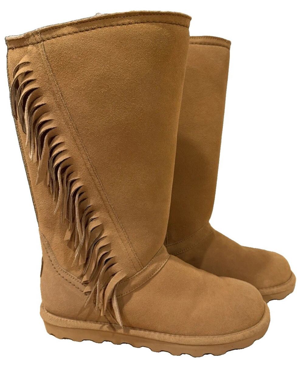 BEARPAW Womens 10 Tall Suede Fringe Boots Tan Sheepskin Wool Lined Boho